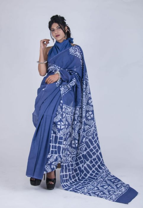 Batik Printed Cotton Saree in Navy Blue : SUG691