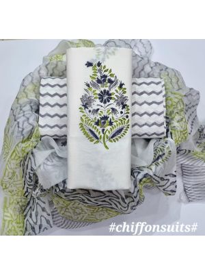 Premium Quality Hand Block Printed Cotton Dress Material with Chiffon Dupatta - KC011118