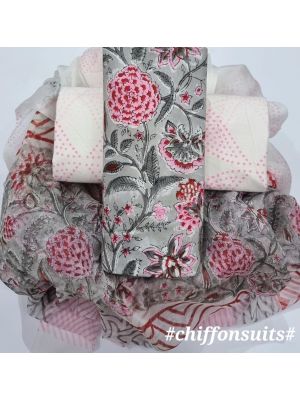 Premium Quality Hand Block Printed Cotton Dress Material with Chiffon Dupatta - KC011122