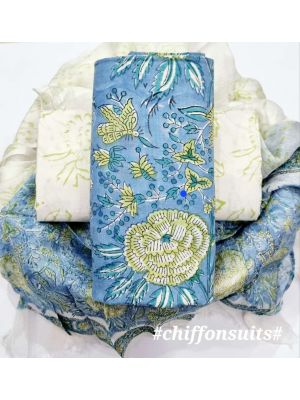 Premium Quality Hand Block Printed Cotton Dress Material with Chiffon Dupatta - KC011130