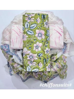 Premium Quality Hand Block Printed Cotton Dress Material with Chiffon Dupatta - KC011132