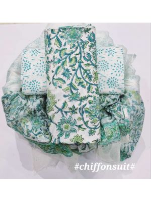 Premium Quality Hand Block Printed Cotton Dress Material with Chiffon Dupatta - KC011135