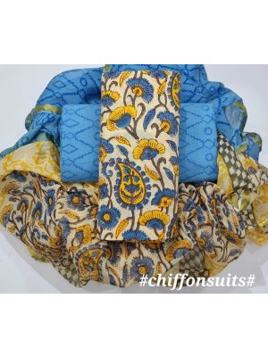 Premium Quality Hand Block Printed Cotton Dress Material with Chiffon Dupatta - KC011140