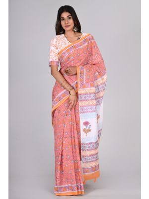 Beautiful Hand Block Printed Malmal Cotton Saree with Tassels - KC100545