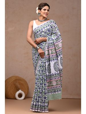 Beautiful Hand Block Printed Malmal Cotton Saree - KC100590