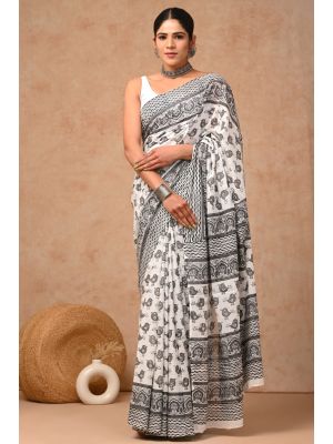 Beautiful Hand Block Printed Malmal Cotton Saree - KC100600