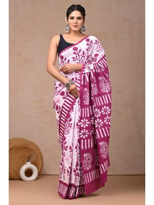 Beautiful Hand Block Printed Malmal Cotton Saree - KC100616