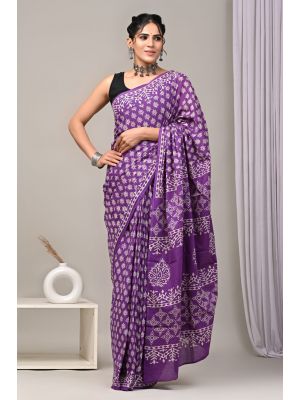 Beautiful Hand Block Printed Malmal Cotton Saree - KC100624