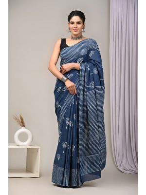 Beautiful Hand Block Printed Malmal Cotton Saree - KC100629