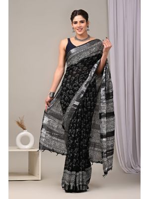Linen Cotton Saree with Beautiful Silver Zari Border - KC180092