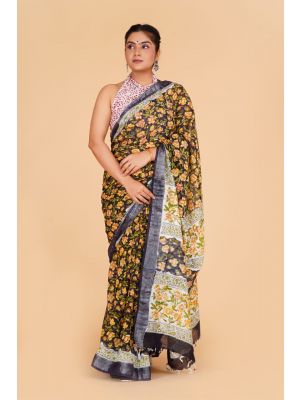 Linen Cotton Saree with Beautiful Silver Zari Border - KC180135