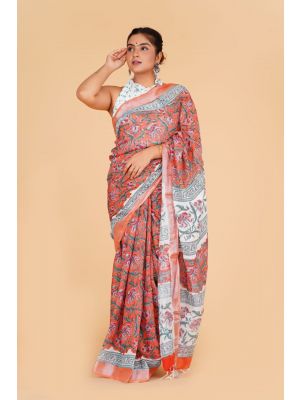 Linen Cotton Saree with Beautiful Silver Zari Border - KC180142