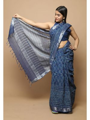 Linen Cotton Saree with Beautiful Silver Zari Border - KC180164