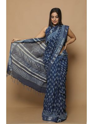 Linen Cotton Saree with Beautiful Silver Zari Border - KC180179