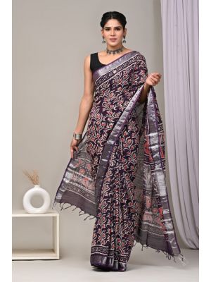 Linen Cotton Saree with Beautiful Silver Zari Border - KC180183