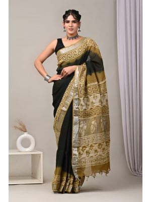 Linen Cotton Saree with Beautiful Silver Zari Border - KC180191