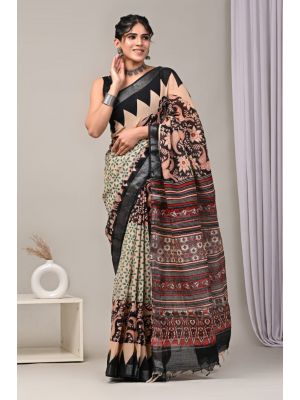 Linen Cotton Saree with Beautiful Silver Zari Border - KC180193