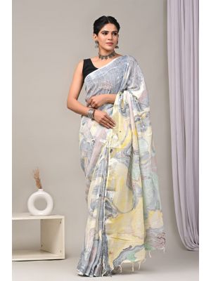 Linen Cotton Saree with Beautiful Silver Zari Border - KC180201