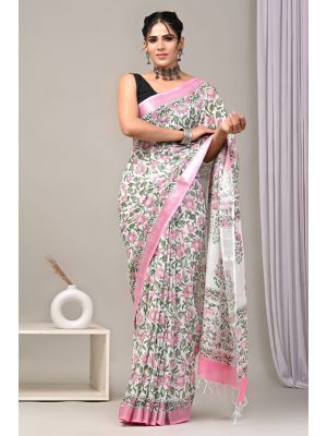 Linen Cotton Saree with Beautiful Silver Zari Border - KC180202