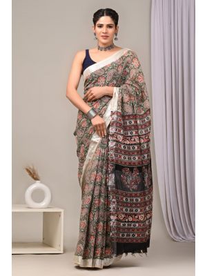 Linen Cotton Saree with Beautiful Silver Zari Border - KC180220