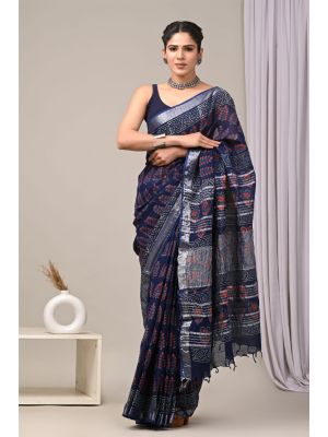 Linen Cotton Saree with Beautiful Silver Zari Border - KC180232