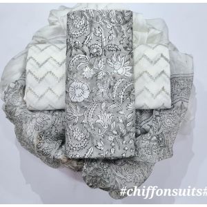 Premium Quality Hand Block Printed Cotton Dress Material with Chiffon Dupatta - KC011109