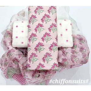 Premium Quality Hand Block Printed Cotton Dress Material with Chiffon Dupatta - KC011110