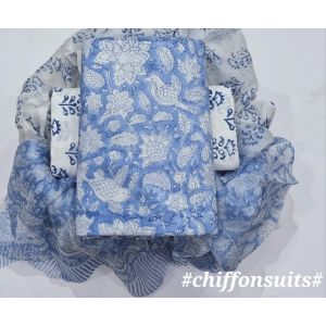 Premium Quality Hand Block Printed Cotton Dress Material with Chiffon Dupatta - KC011115