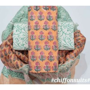 Premium Quality Hand Block Printed Cotton Dress Material with Chiffon Dupatta - KC011124