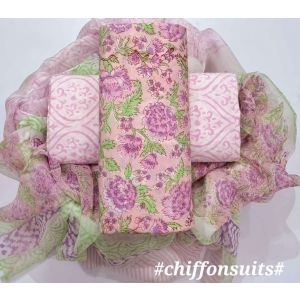 Premium Quality Hand Block Printed Cotton Dress Material with Chiffon Dupatta - KC011125