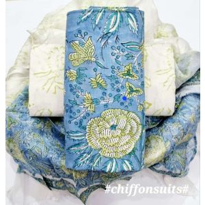 Premium Quality Hand Block Printed Cotton Dress Material with Chiffon Dupatta - KC011130