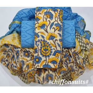 Premium Quality Hand Block Printed Cotton Dress Material with Chiffon Dupatta - KC011140