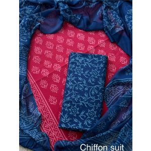 Premium Quality Hand Block Printed Cotton Dress Material with Chiffon Dupatta - KC011149