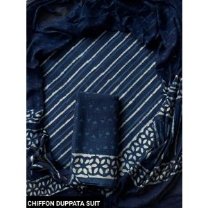 Premium Quality Hand Block Printed Cotton Dress Material with Chiffon Dupatta - KC011150