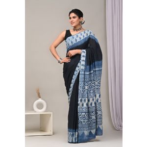 Beautiful Hand Block Printed Malmal Cotton Saree - KC100584