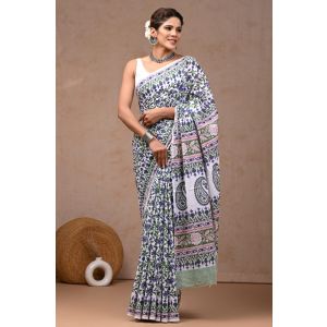 Beautiful Hand Block Printed Malmal Cotton Saree - KC100590