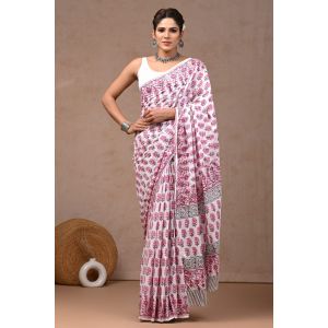 Beautiful Hand Block Printed Malmal Cotton Saree - KC100593