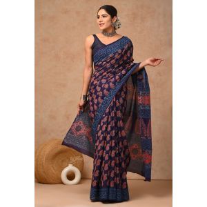 Beautiful Hand Block Printed Malmal Cotton Saree - KC100597