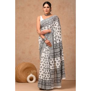 Beautiful Hand Block Printed Malmal Cotton Saree - KC100600