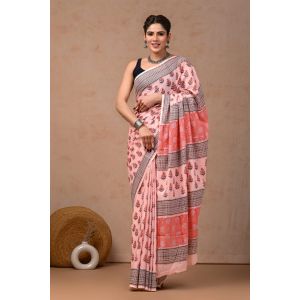 Beautiful Hand Block Printed Malmal Cotton Saree - KC100604