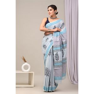 Beautiful Hand Block Printed Malmal Cotton Saree - KC100609