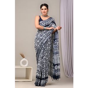 Linen Cotton Saree with Beautiful Silver Zari Border - KC180096