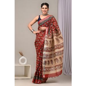 Linen Cotton Saree with Beautiful Silver Zari Border - KC180124