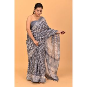 Linen Cotton Saree with Beautiful Silver Zari Border - KC180134