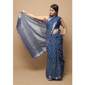 Linen Cotton Saree with Beautiful Silver Zari Border - KC180164