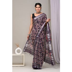 Linen Cotton Saree with Beautiful Silver Zari Border - KC180183