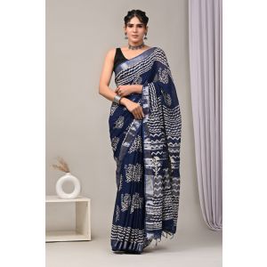 Linen Cotton Saree with Beautiful Silver Zari Border - KC180187