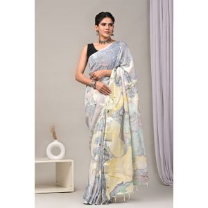 Linen Cotton Saree with Beautiful Silver Zari Border - KC180201