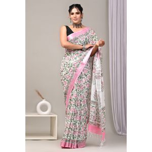 Linen Cotton Saree with Beautiful Silver Zari Border - KC180202