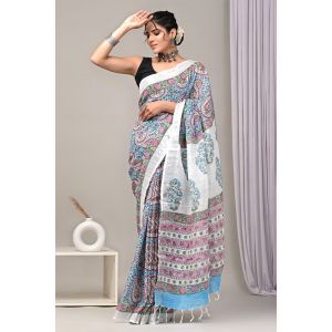 Linen Cotton Saree with Beautiful Silver Zari Border - KC180205